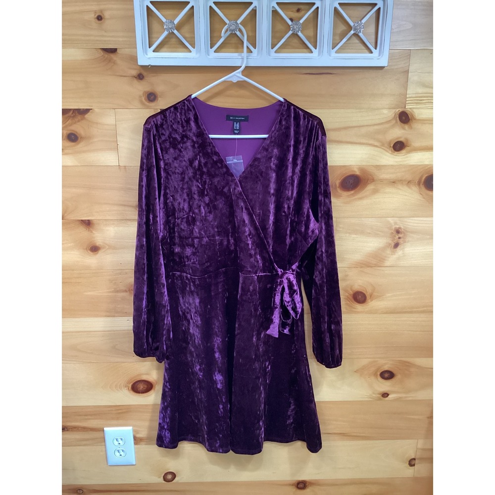 H by Halston Purple Crushed Velvet Wrap Tie Front Dress Petite Large NWOT